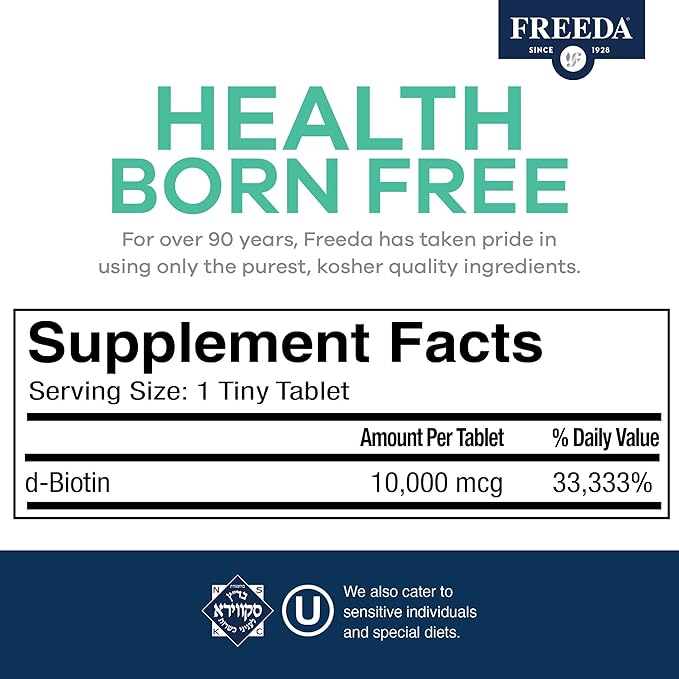 FREEDA Biotin 10,000 mcg – Hair, Skin & Nails Supplement – High-Potency B7 for Hair Growth & Strong Nails – Vegan, Kosher Tablets with D-Biotin – 100 Tiny Tablet