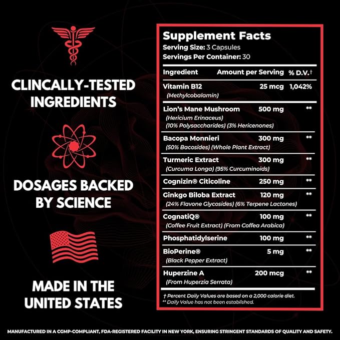 All-Natural Brain Supplement for Memory and Focus - Caffeine-Free Long-Term Cognitive Support - 10 Nootropic Ingredients Including Lion’s Mane, Bacopa, Turmeric, Ginkgo & Huperzine A - 90 Capsules