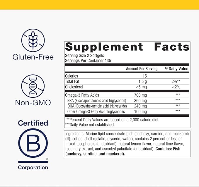 Metagenics OmegaGenics Fish Oil EPA-DHA 300-180 mg EPA & 120 mg DHA per Softgel - Supports Heart, Brain, Eye, Joint & Immune Health* - Non-GMO, Gluten-Free - GMP Certified Facility - 270 Softgels