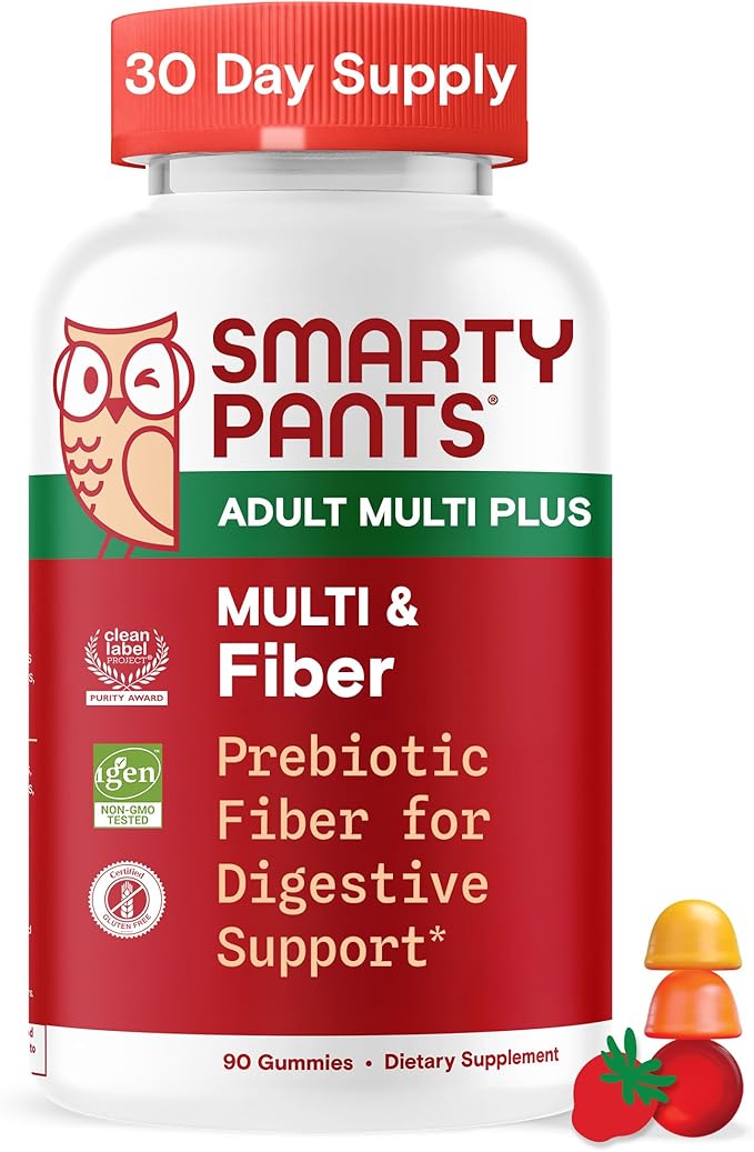 SmartyPants Fiber Supplement & Multivitamin for Men & Women, Prebiotic Fiber Gummies with Omega 3 (DHA/EPA), Vitamin D3, C, Vitamin B12, B6, A, K & Zinc, 90 Count (30 Day Supply)