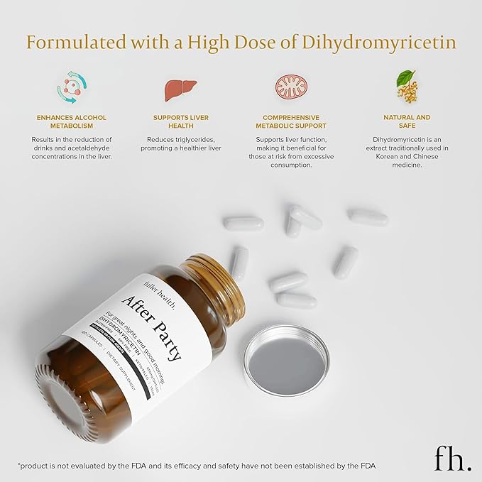 Fuller Health After Party DHM Dihydromyricetin Supplement | Supports Liver, Metabolism, Energy Levels, Post-Celebration Relief | Feel Refreshed, 650mg Per Pill | 1 Bottle, 24 Servings