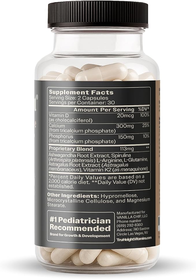 TruHeight Growth Capsules - Tall Nutrition for Natural Growth Supplement for Kids & Teens - Pediatric Vitamin D, K, Calcium & Ashwagandha - Bone Strength - Kids Vitamins D3 K2 Pills, Taller Ages 5+
