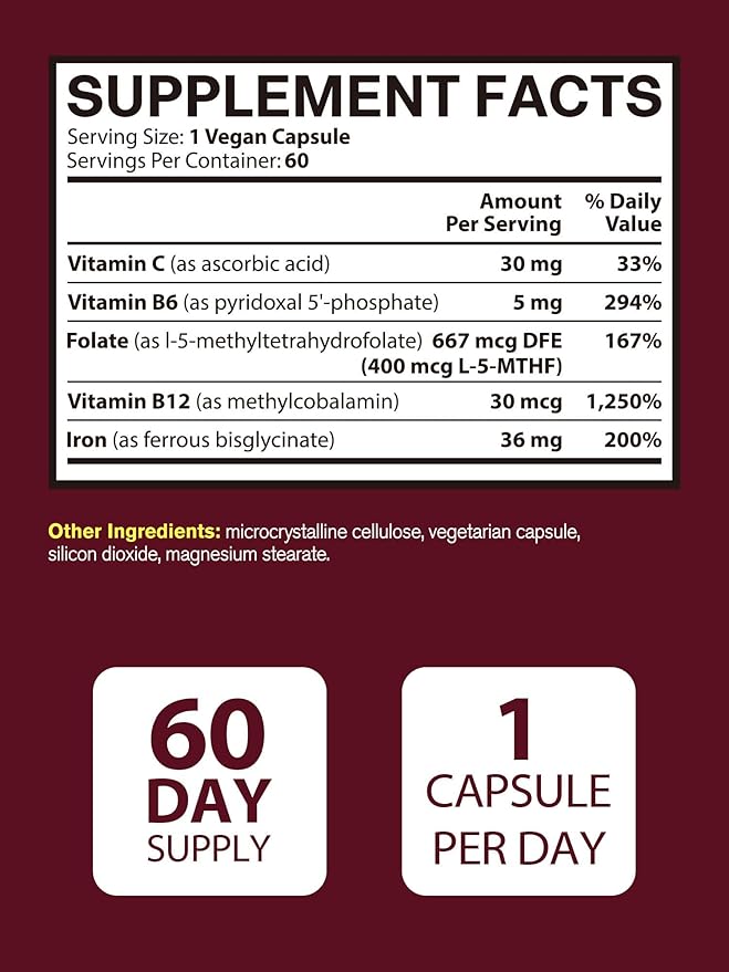 Iron Supplement for Women & Men, Iron Bisglycinate with Vitamin C, B6, B12, Folate, Stomach Friendly, Non-Constipating, Blood Health & Energy Boost, 60 Vegan Caps
