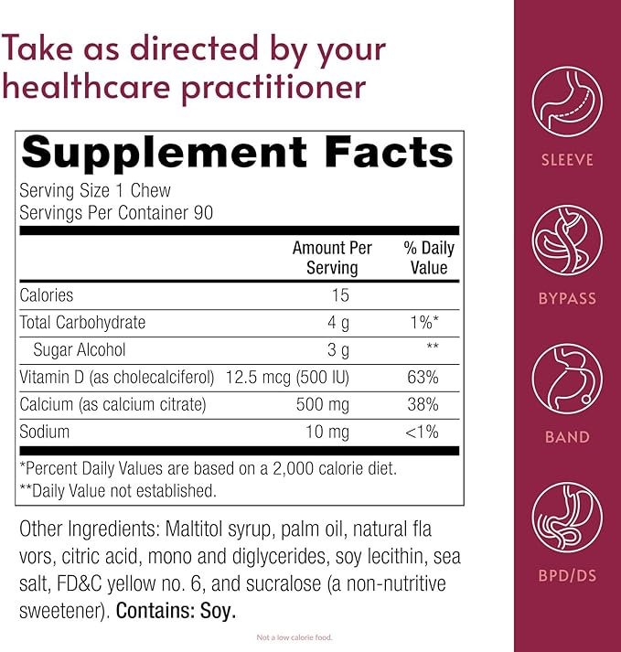 Bariatric Advantage Calcium Citrate Chewy Bites 500 mg - Highly Absorbable & Digestible - Vitamin D3 - Easily Chewable Calcium Supplement - Tropical Orange - 90 Count
