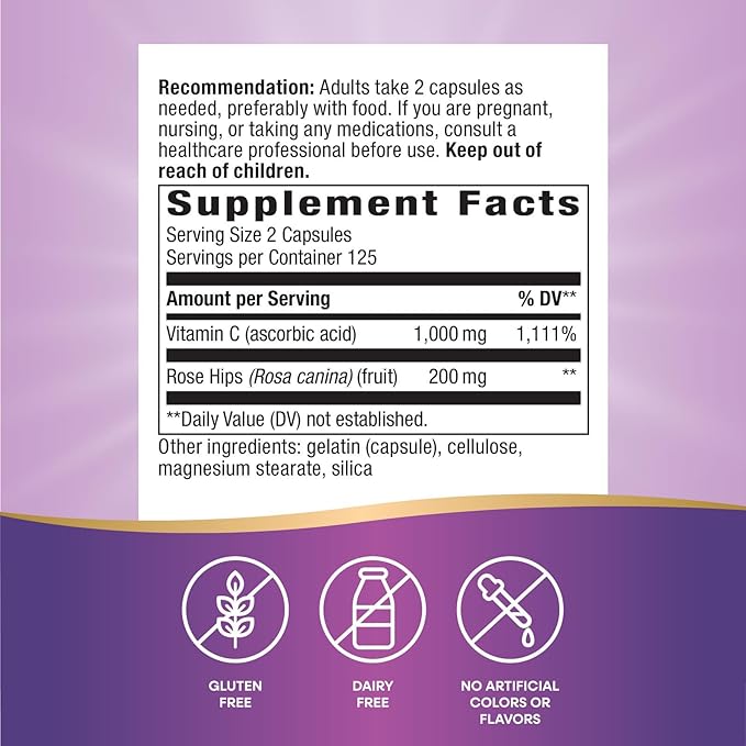 Nature's Way Vitamin C with Rose Hips, Antioxidant & Immune Function Support from vitamin C*, Promotes Collagen for Healthy Skin*, 1,000 mg per 2-Capsule Serving, 250 Capsules (Packaging May Vary)