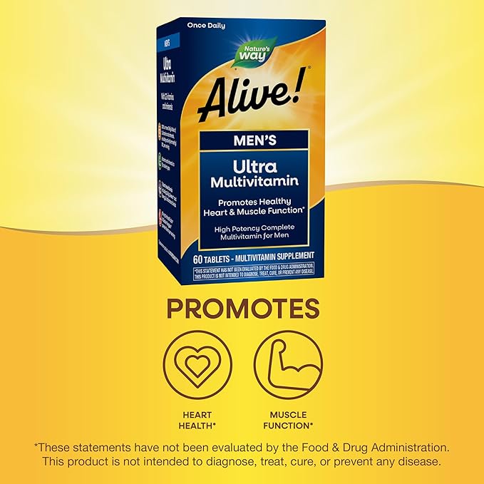 Nature's Way Alive! Men’s Once Daily Ultra Potency Multivitamin Tablets, Complete High Potency Men’s Daily Vitamin Promotes Heart & Muscle Function*, B-Vitamins, Zinc and Antioxidants, 60 Tablets