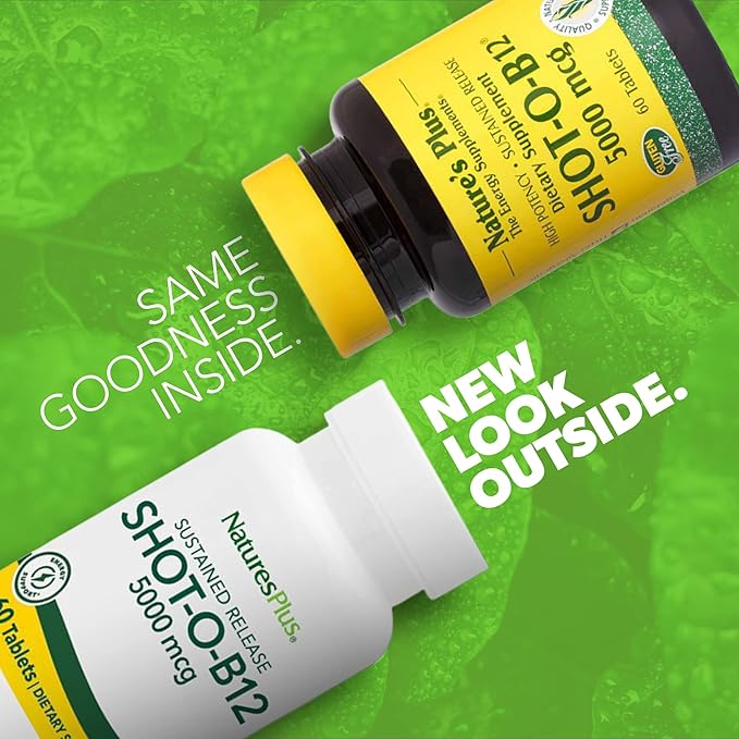 NaturesPlus Shot-O-B12 5000 mcg - 60 Sustained Release Tablets - Supports Energy Production - Vegetarian, Gluten Free - 60 Servings