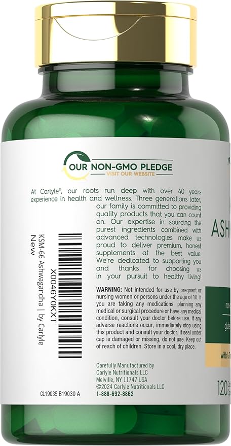 Carlyle KSM-66 Ashwagandha Root Extract 600mg | 120 Vegan Caplets | Supplement with L-Theanine | Non-GMO, Gluten Free