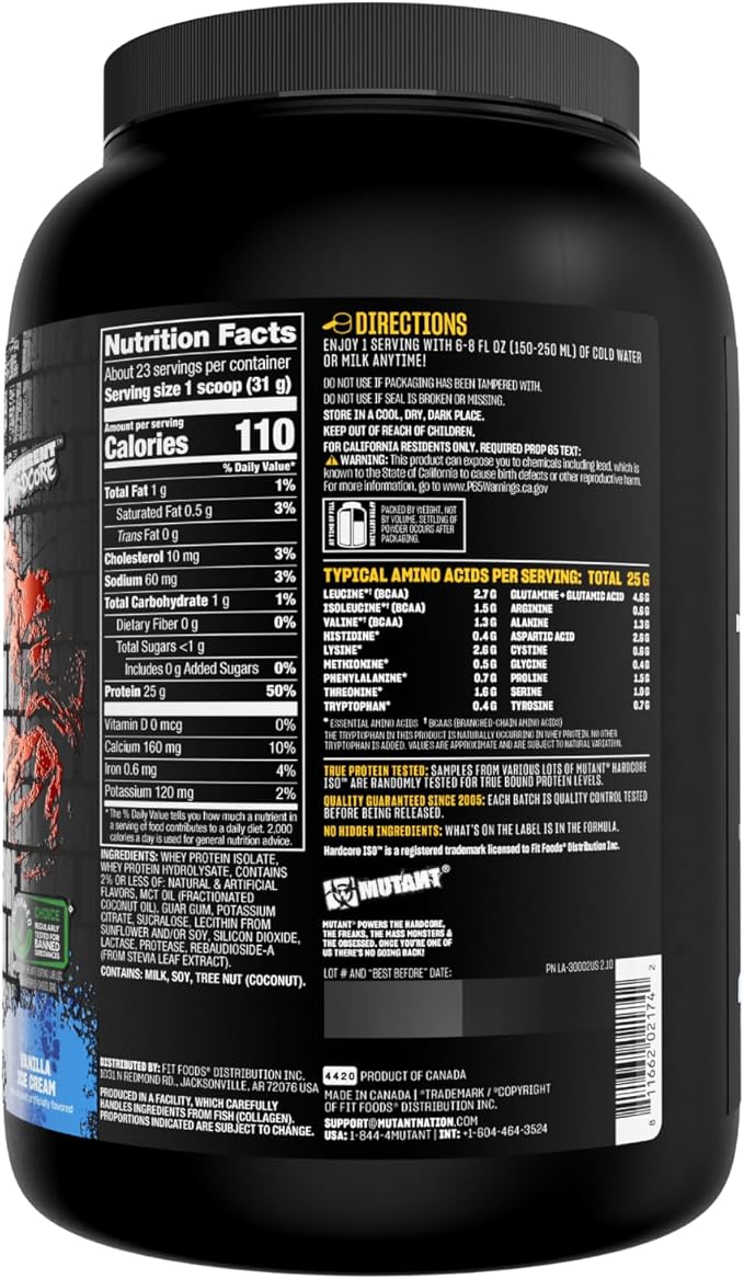 Mutant Hardcore ISO Whey Protein Isolate Powder Acts Fast to Help Recover, Build Muscle, Bulk and Strength, 1.6 lb Vanilla Ice Cream