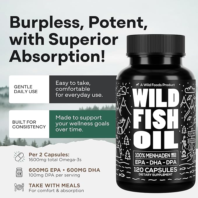 Wild Foods Omega 3 Fish Oil Supplement, 120 Capsules (2 pk) | Wild Caught, Burpless, Odorless, Non-GMO, Gluten Free | DPA, DHA, EPA Triple Strength Joint Nutrition for Women & Men