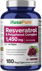 NusaPure Resveratrol & Polyphenol Complex 1450mg 180 Vegetarian Caps (Non-GMO, Vegan) Vitamin C