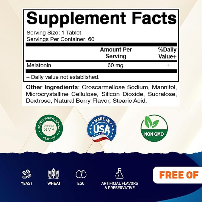Vitamatic Melatonin 60 mg Fast Dissolve Tablets - 60 Vegan Natural Berry Flavor Tablets - Non-Habit Forming - Non-GMO, Gluten Free (1 Bottle)