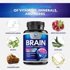 Brain Memory Supplement - 3X Strength Nootropics for Concentration, Clarity & Focus Support - Brain Health Cognitive Vitamins with Bacopa, Phosphatidylserine & DMAE, Brain Booster Pills, 60 Capsules