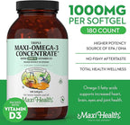 Maxi Health Triple Omega 3 Fish Oil Concentrate with 2000 IU Vitamin D3 – Enteric Coated Fish Oil Omega 3 Supplements with High EPA DHA for Heart, Brain, Joint, and Eye Support Kosher 180 Softgels