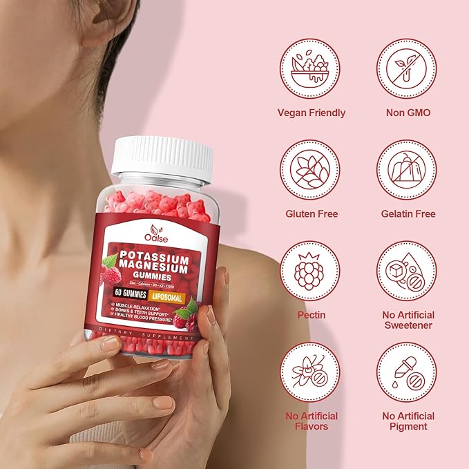Liposomal Potassium Magnesium Gummies for Adults Kids, High Absorption Potassium Citrate 200mg Magnesium Glycinate 400mg, Vitamin B6 Chewable Supplements for Leg Cramps & Muscle, Raspberry, 60 Count