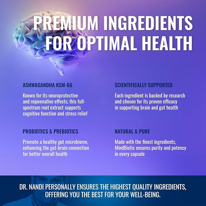 Dr. Nandi's MindBiotic Brain & Digestive Health Supplement - KSM-66 Ashwagandha, Probiotics & Prebiotics - Supports Memory, Focus, Energy & Gut-Brain Connection - 300MG - 60 Caramel Cinnamon Chews