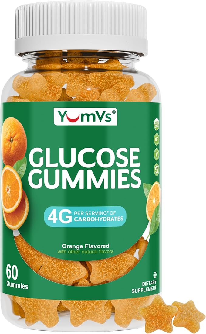 YUM-V'S Glucose Gummies – Fast Acting Glucose Chewable Gummies – Great Tasting – Gluten Free, Vegan, Non-GMO – Orange Natural Flavor – 60 Chewable Gummy for Adults & Kids