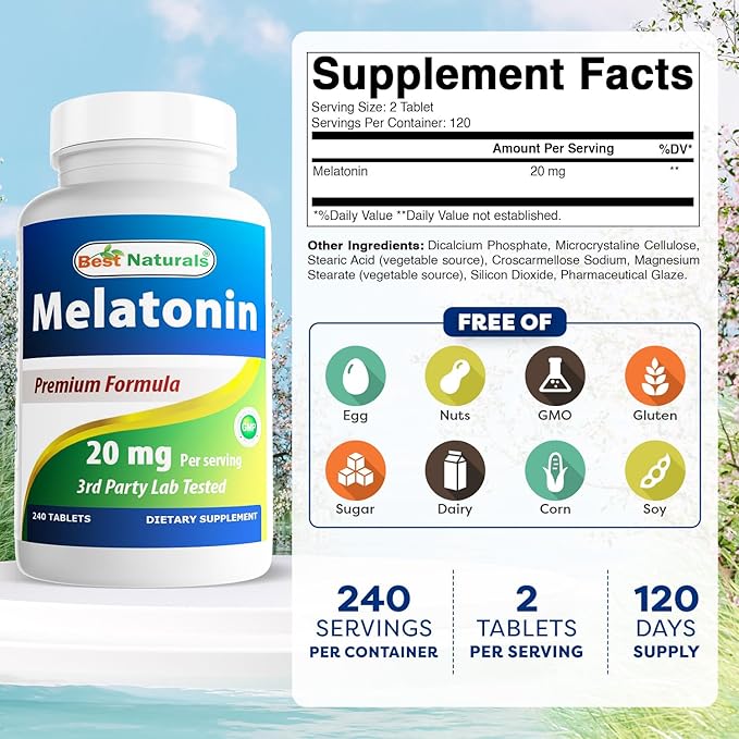 Best Naturals Melatonin 20mg 240 Tablets - Drug-Free Nighttime Sleep Aid - Non-GMO & Gluten Free (Pack of 2)