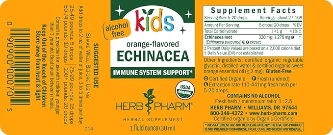 Herb Pharm Kids Echinacea Extract Alcohol-Free Certified Organic Liquid Herbal Supplement for Kids, Immune Support Drops for Toddlers & Children, Non-GMO, Vegan, Echinacea Purpurea Root, 1 fl oz