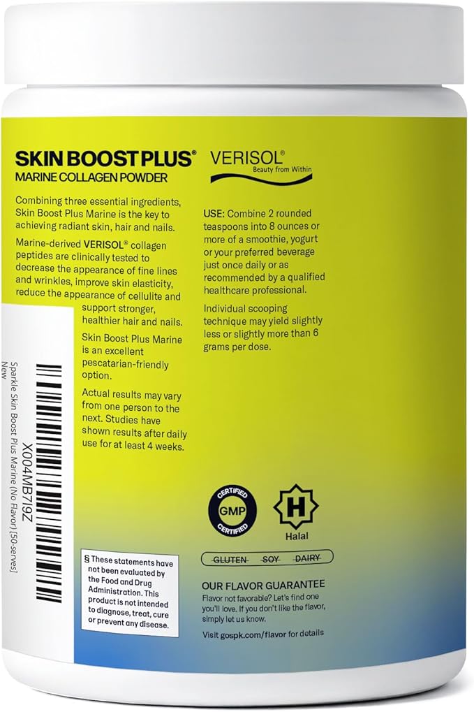 Sparkle Wellness Marine Skin Boost Plus (No Flavor) [50-Serves] | Collagen Powder Supplement with Marine-derived VERISOL Bioactive Hydrolyzed Collagen Peptides, Vitamin C & Hyaluronic Acid