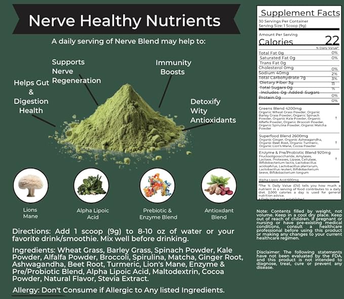 The Nerve Brand Neuropathy Superfood Blend, Greens Powder with R Alpha Lipoic Acid & Lions Mane for Nerve Support, Sunshine Orange, 30 Servings