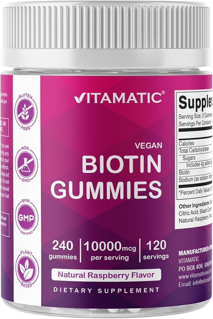 Vitamatic Biotin Gummies 10,000 mcg for Stronger Hair, Skin & Nails - 240 Vegan Gummies - Also Called Vitamin B7
