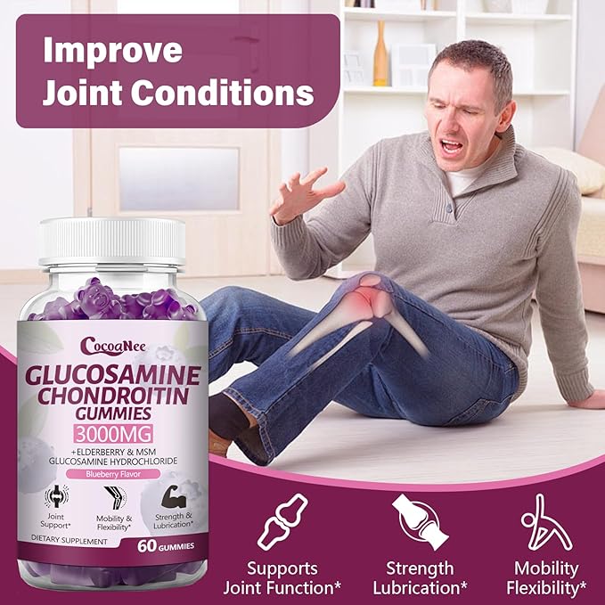 2 Packs 3000MG Glucosamine Chondroitin Gummies, Extra Strength Joint Support Supplement with MSM & Elderberry, Flexibility, Antioxidant Immune Support Gummy for Adults, Men & Women 120Cts
