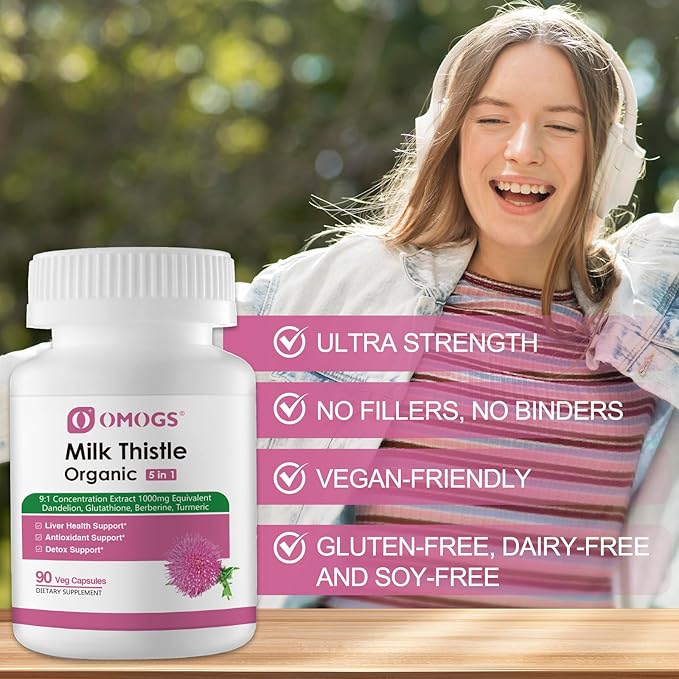 OMOGS Organic Milk Thistle, Herbal Liver Support Milk Thistle Supplement, with Dandelion Root, Glutathione, Berberine HCL &Turmeric, Support Liver Cleanse Detox & Repair, 90 Capsules