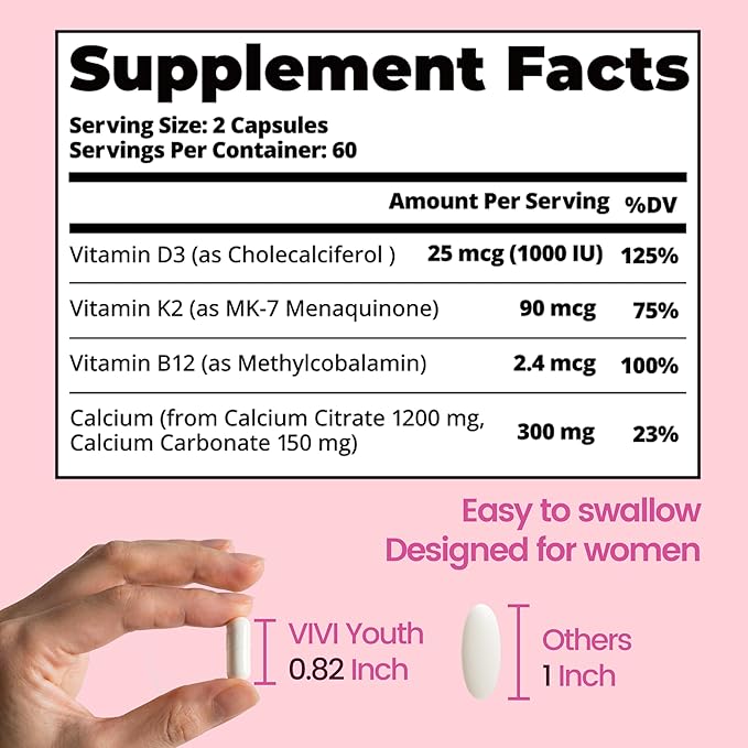 Calcium Supplements for Women - 4-in-1 Calcium 1200 mg with Vitamin D3 K2, B12 - High Absorption Calcium Citrate & Carbonate for Bone Density & Strength, Non-GMO, 120 Vegan Capsules