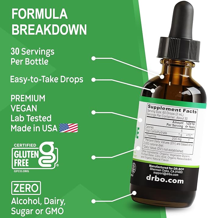 L Theanine 200mg Liquid Drops - Natural Sleep Support & Focus Supplement for Kids & Adults - Vegan, Non-GMO, Gluten Free 200mg Pure L-Theanine Drops Liquid Supplements, Mood Ltheanine for Kids 2 FL Oz