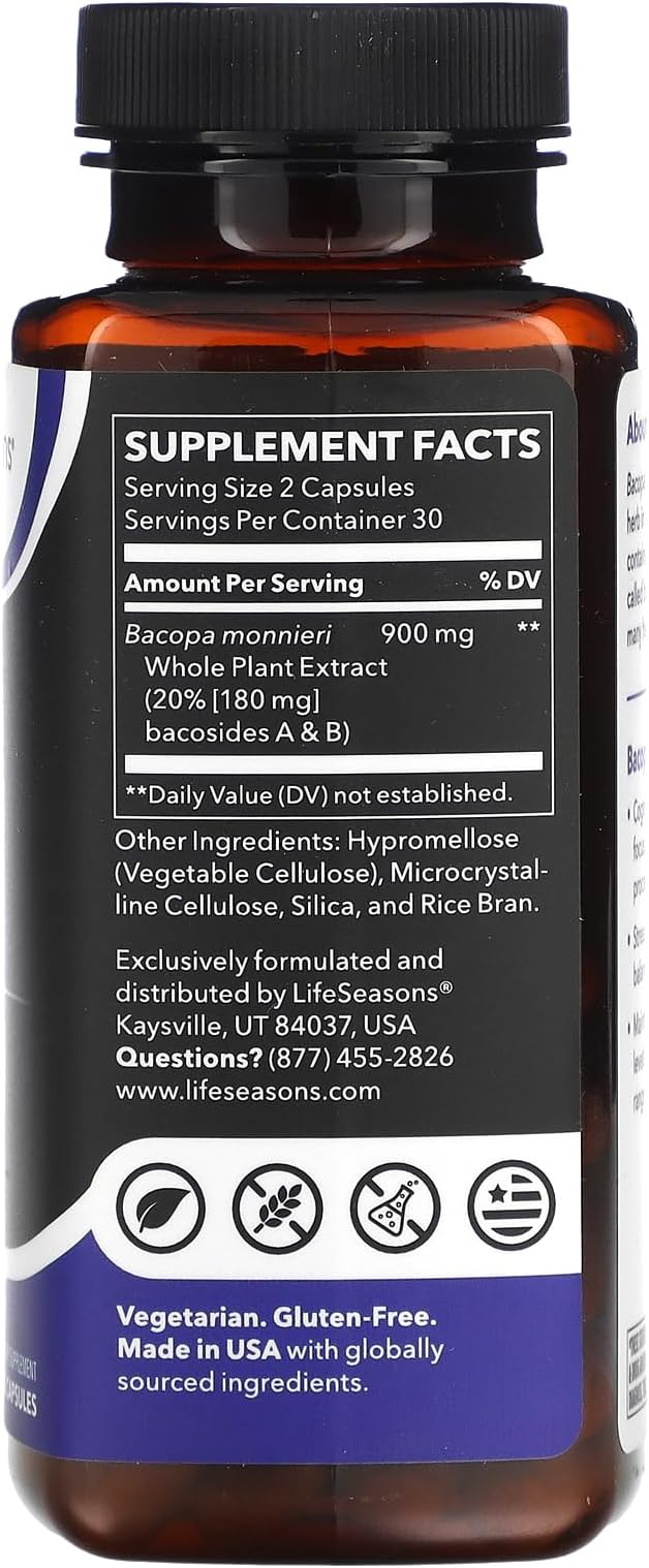 LifeSeasons Bacopa Extract 900 mg – Natural Memory & Focus Support Supplement, Mood Balance & Brain Health, 120 Veg Capsules, Non‑GMO, Gluten‑Free, Vegan Friendly