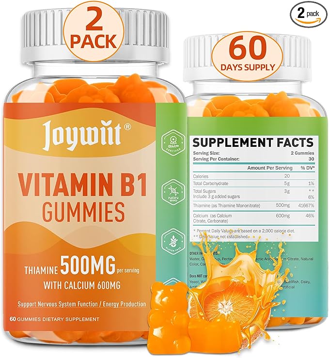 Vitamin B1 Gummies 500mg, Thiamine B1 Supplement for Adults, with 600mg Calcium Citrate, Support Nervous System, Vegan, Chewable Natural Orange Flavor