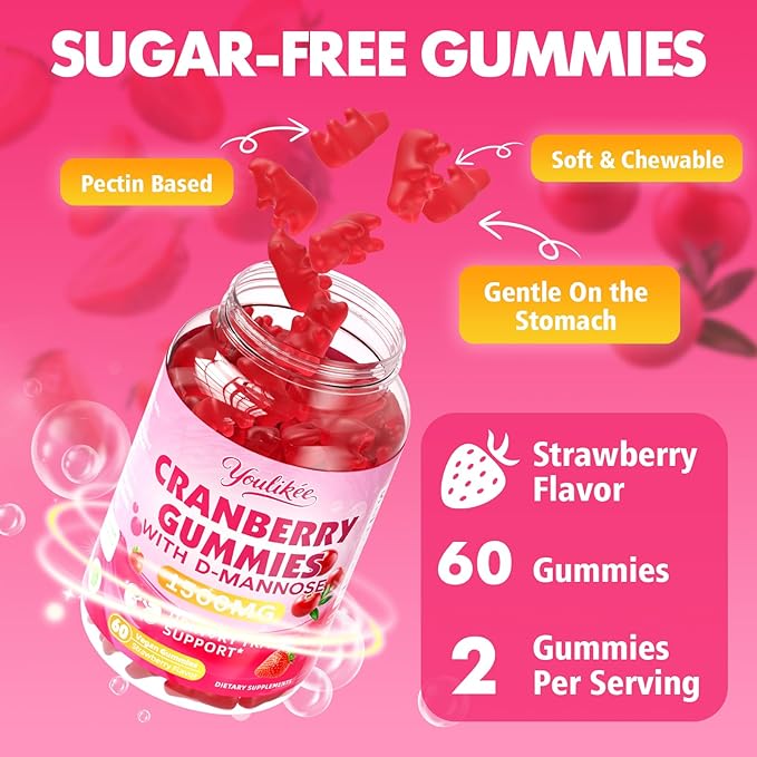 2 Pack Vegan Cranberry Gummies with D Mannose - Supports Urinary Tract Health for Women & Men, Sugar-Free, Non-GMO and Gluten Free, Strawberry Flavor, 120 Count