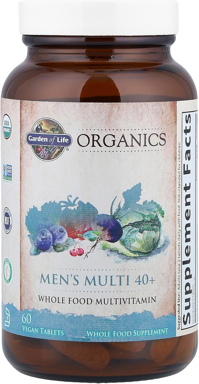 Garden of Life Organics Men's 40+ Multivitamin with Prostate Support, B12 & Vitamins – Vegan Daily Whole Food Multivitamin, Non-GMO, Certified Organic, 60 Tablets