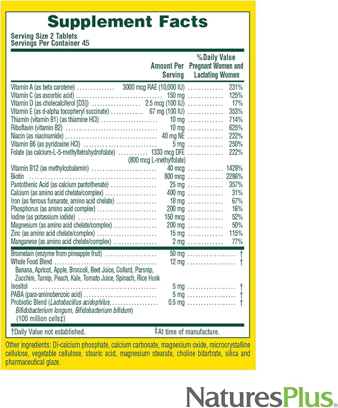 NaturesPlus Source of Life Prenatal - 90 Tablets - Multivitamin & Mineral Supplement with Iron - Nutritional Support for Pregnancy - Gluten Free, Vegetarian - 45 Servings