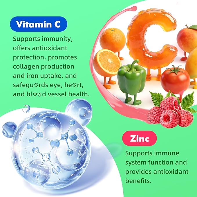 MEENCCD Organic Vitamin C Gummies for Adults, Chewable Vitamin C Gummies with Zinc for Antioxidant Support, Vegan, Non-GMO, Sugar-Free, Raspberry Flavor, 60 Count