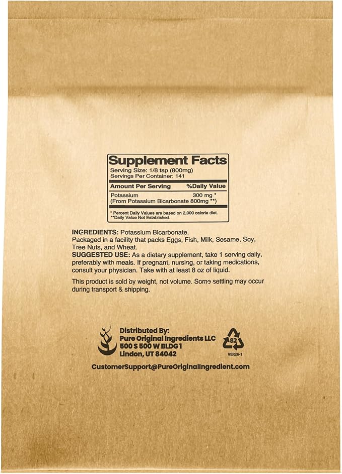 Pure Original Ingredients Potassium Bicarbonate (4oz) Natural, Food Safe, Electrolyte, Leavening