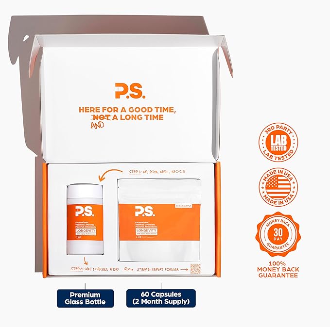 PS Longevity Supplement – Anti-Aging Multivitamin for Men & Women – Premium Methylated B Vitamins, CoQ10, NR, Urolithin A & Natural Antioxidants – Cellular Health, Energy & Memory – 2 Month Supply