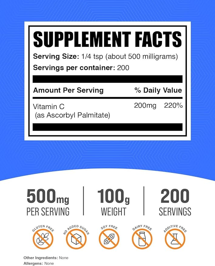 BulkSupplements.com Ascorbyl Palmitate Powder - Vitamin C Ester, Vitamin C Supplement - Gluten Free, 500mg per Serving, 100g (3.5 oz) (Pack of 1)