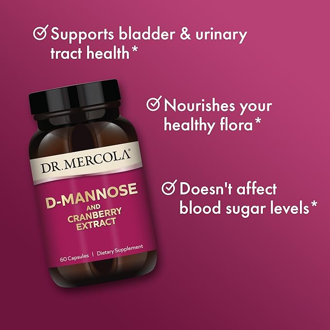 Dr. Mercola D-Mannose and Cranberry Extract, 1,000 mg D-Mannose & 400 mg Cranberry per Serving, Urinary Tract Health Supplement, Non-GMO, Gluten-Free, Soy-Free, 60 Capsules