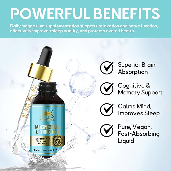 Magnesium L-Threonate Drop, Liquid Supplement w. Apigenin, Theanine, Lemon Balm for Sleep & Memory, Supports Cognitive Function & Balanced Mood, High Absorption