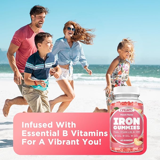 Iron Supplement for Women - Iron Gummies with Vitamin B6, B12, C, Zinc, Folate for Adults & Kids - Support Blood Builder, Iron Deficiency, Anemia, Energy Boost - Sugar Free 60ct Peach Flavor