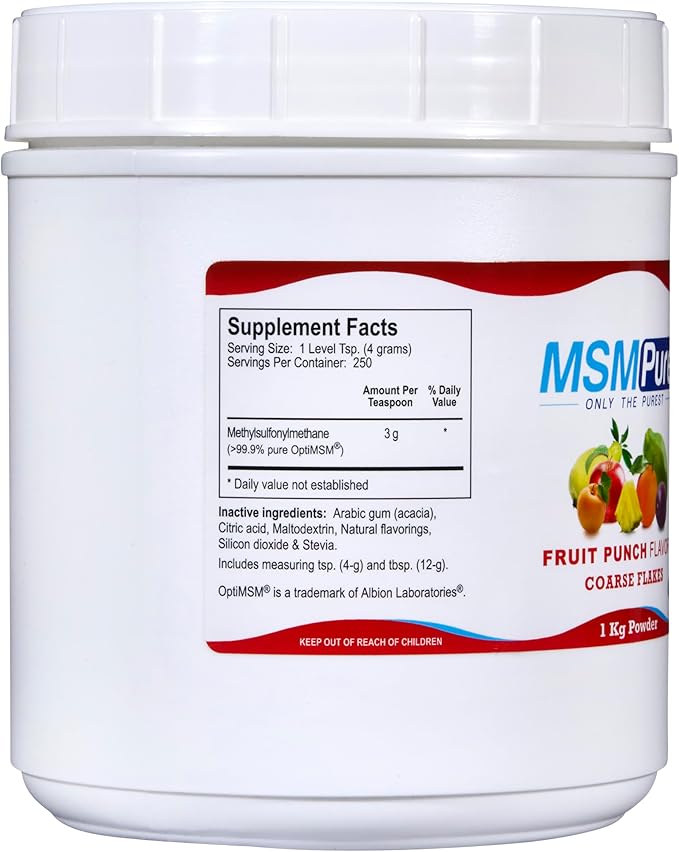 KALA HEALTH MSMPure Fruit Punch Flavored Coarse MSM Powder Flakes – US-Made MSM for Joint Health, Skin Appearance, and Hair & Nail Support – 2.2 lb, Organic Sulfur