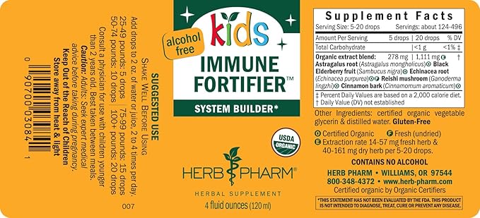 Herb Pharm Kids Immune Fortifier: Alcohol-Free Organic Immunity Supplement with Elderberry & Echinacea, Kids Immune Support | Fast Absorption, Liquid Wellness Formula, Up to 35 Week Supply, 4 oz*