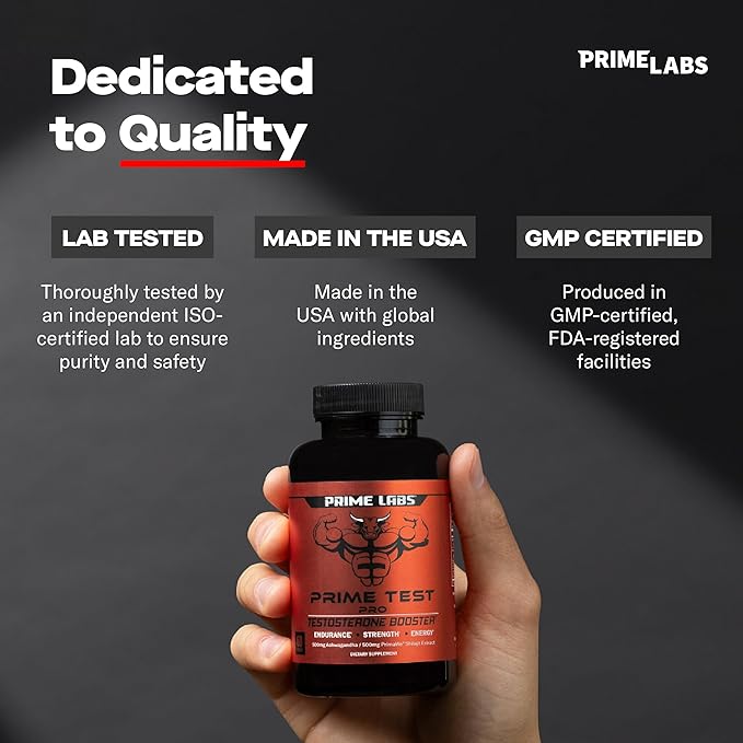 Prime Labs Prime Test Pro - Testosterone Supplement for Men - Test, Vitality, & Energy Booster - with Ashwagandha, PrimaVie Shilajit Extract, & DIM - 60 Capsules