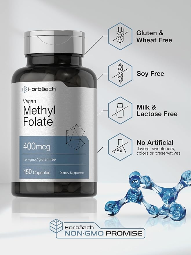 Horbäach Methyl Folate 400 mcg | 150 Vegan Capsules | Non-GMO, Gluten Free | Dietary Supplement