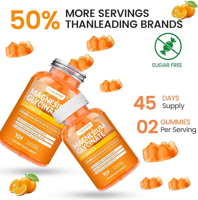 Magnesium Glycinate Gummies 1000mg, High Absorption Sugar Free Magnesium Potassium Supplement for Relaxation, Stress Relief, and Sleep Support for Adults & Kids - 180 Orange Gummies