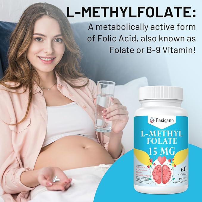 L Methylfolate 15mg (5-MTHF) - Active Folic Acid with B6 and B12 - Vegan, Gluten-Free, Dairy-Free (1 Pack)