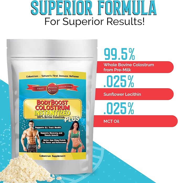 BodyBoost Colostrum Instantized, 99.5% Bovine Colostrum Powder, Immune Booster Supplement with Immunoglobulin & Lactoferrin, Grass Fed Colostrum, Food for Gut Health, Diverse Intake, 2 x 16 oz