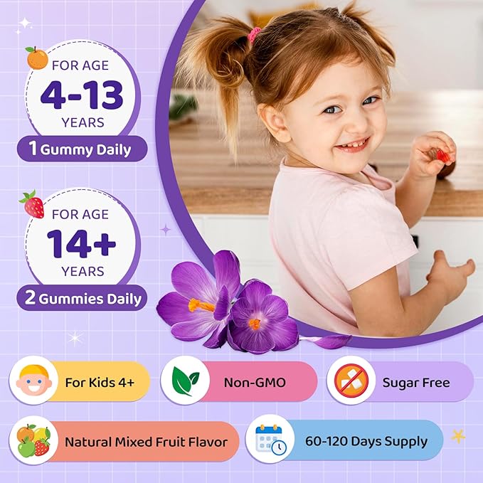 Saffron Gummies for Kids & Adults, 20-in-1 Saffron Supplements with 88.5mg Saffron Extract, B6, B12, C, D3, Magnesium for Calm, Focus, Nerve, Sugar Free, Vegan, Non-GMO, Mixed Fruit Flavor, 120 Counts